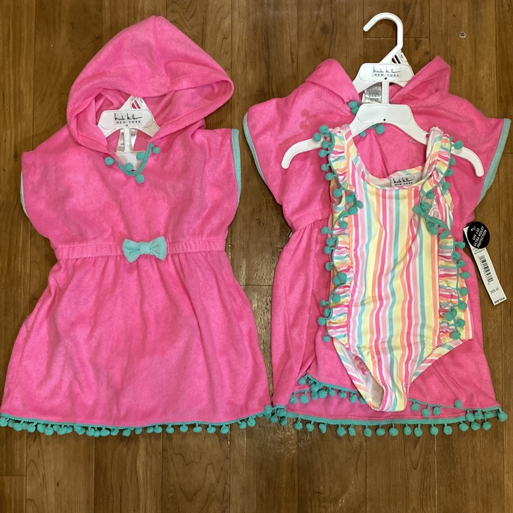 Toddler Girl 2 Piece Pom Pom Bathing Suit Hooded Towel Set